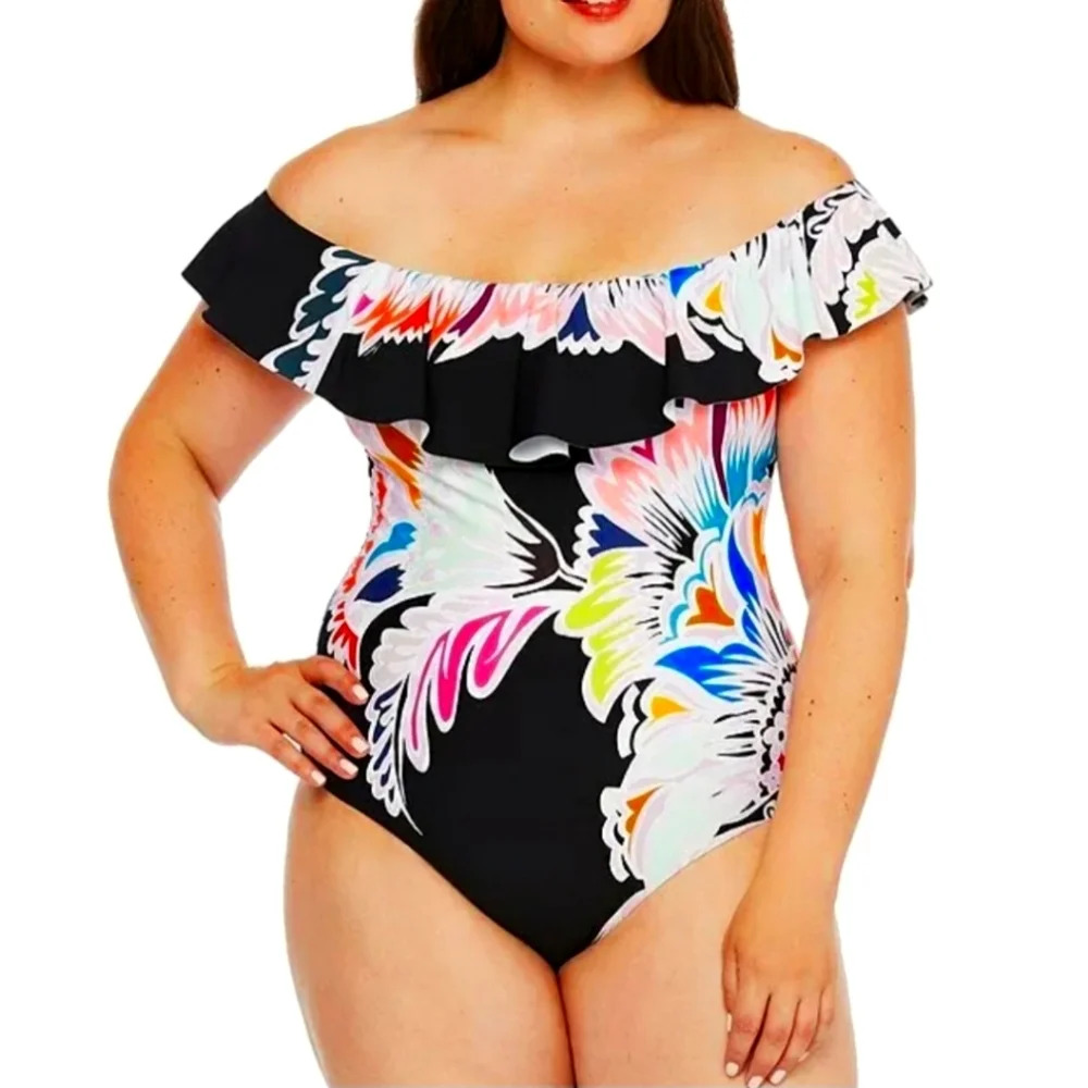 TRINA TURK Plus Size Seychelles Off The Shoulder Swimsuit Sz14